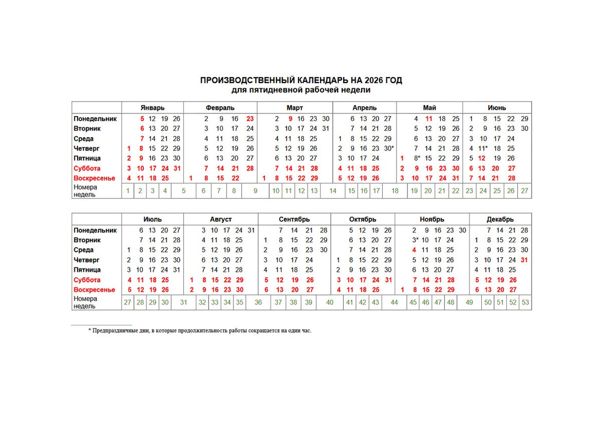 Рабочий календарь 2026: праздники, выходные и рабочие дни в Канске